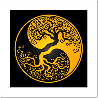 Yellow and Black Tree of Life Yin Yang Posters and Art